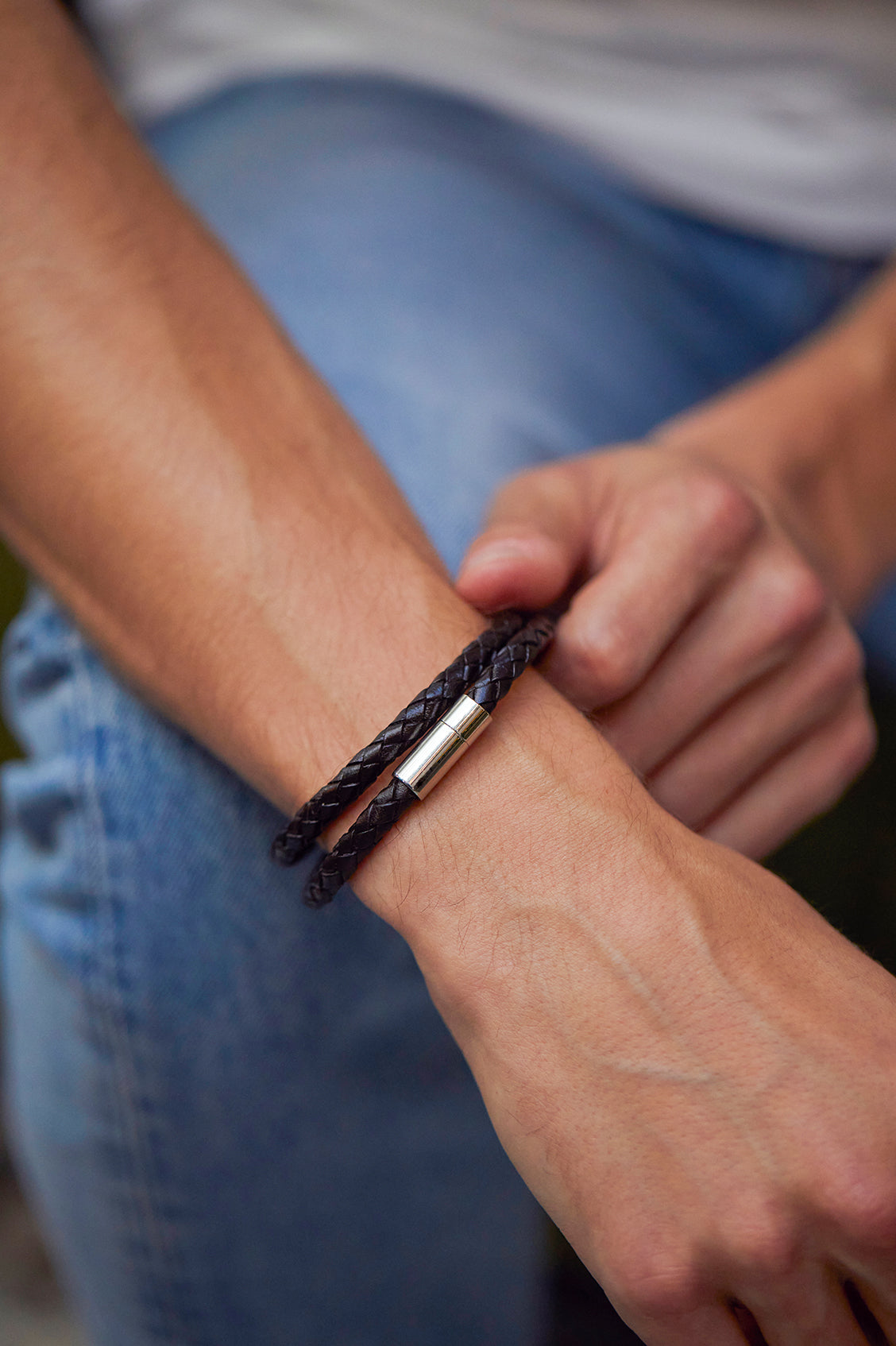 Mens Leather Double Plaited Wrap Bracelet