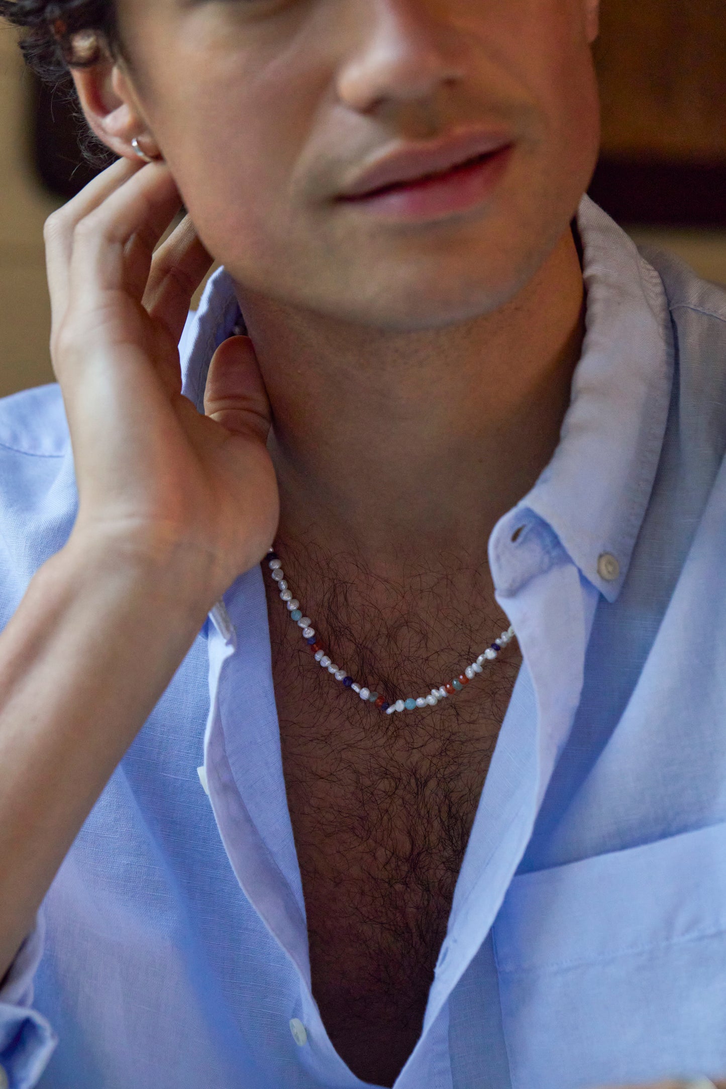 Men's Pearl and Mixed Gemstone Necklace