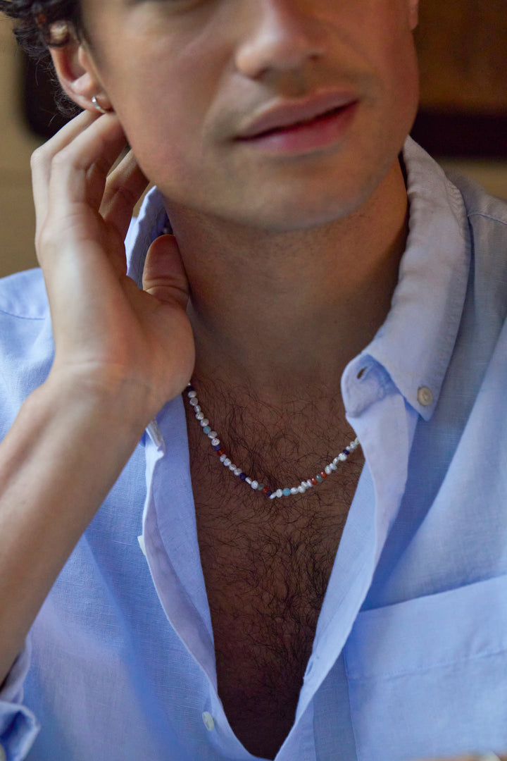 Men's Pearl and Mixed Gemstone Necklace