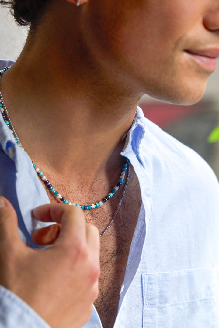 Men's Mixed Blue Gemstone Rondelle Necklace