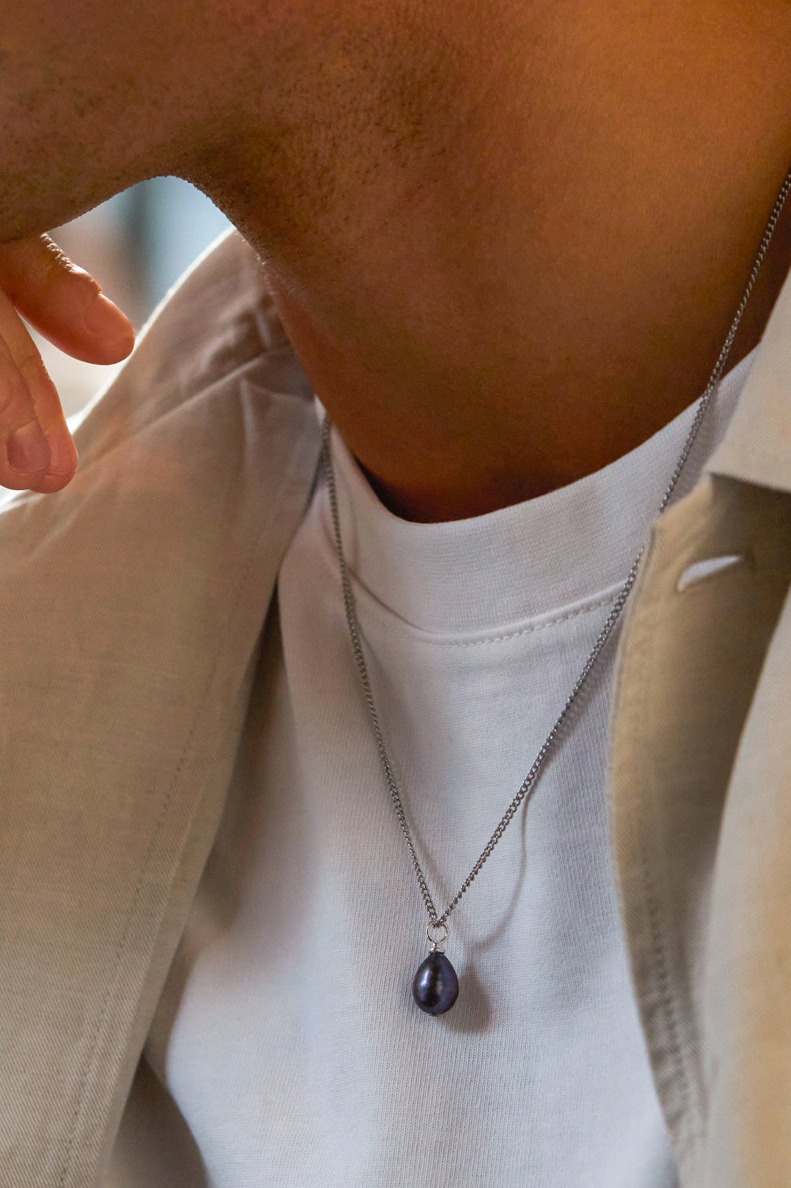 Men's Fine Curb Chain and Blue Pearl Necklace