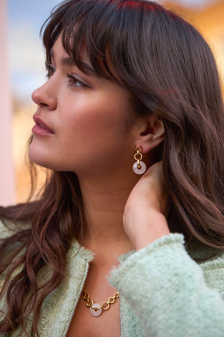 Rose Quartz Graduated Round Link Drop Earrings