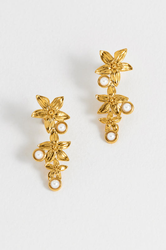 Triple Flower Pearl Drop Earrings