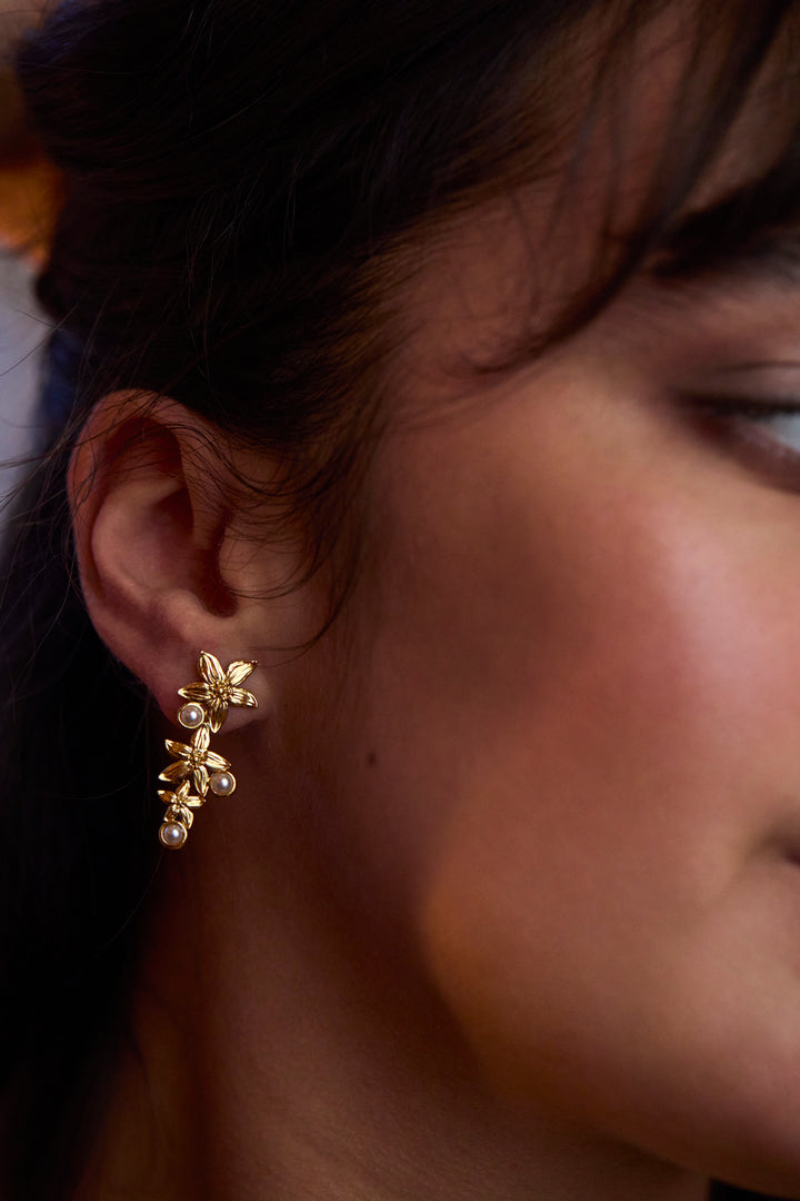 Triple Flower Pearl Drop Earrings